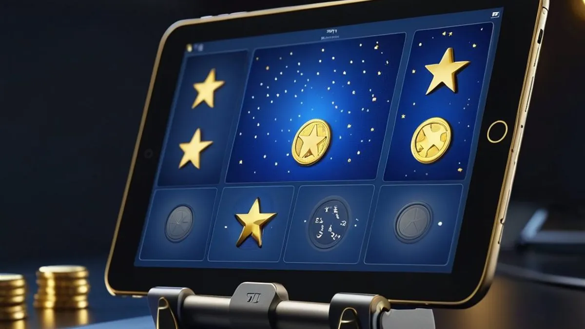 Tablet en un soporte con carretes de estrellas y monedas doradas sobre fondo azul