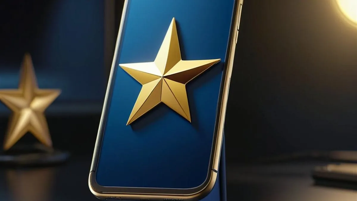 Celular en una base azul con una estrella dorada grande en la pantalla