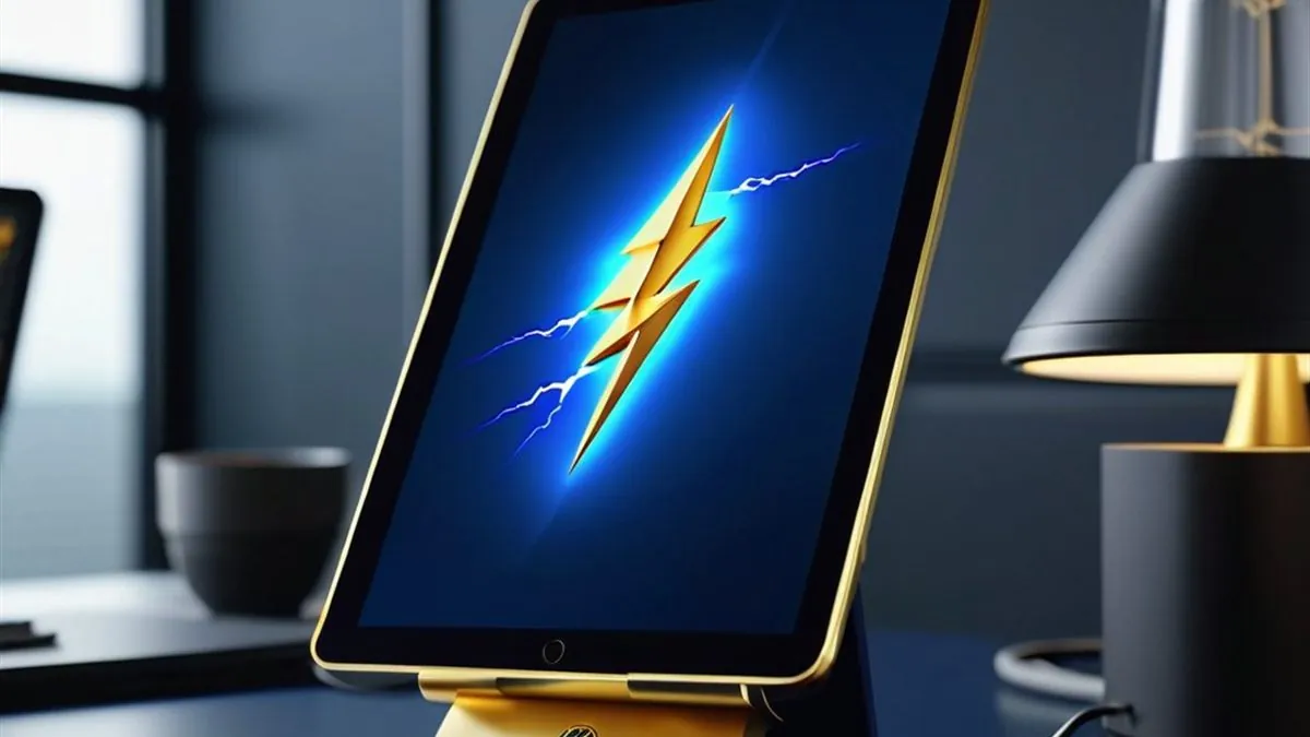 Tablet con un rayo dorado luminoso en pantalla azul sobre un escritorio oscuro
