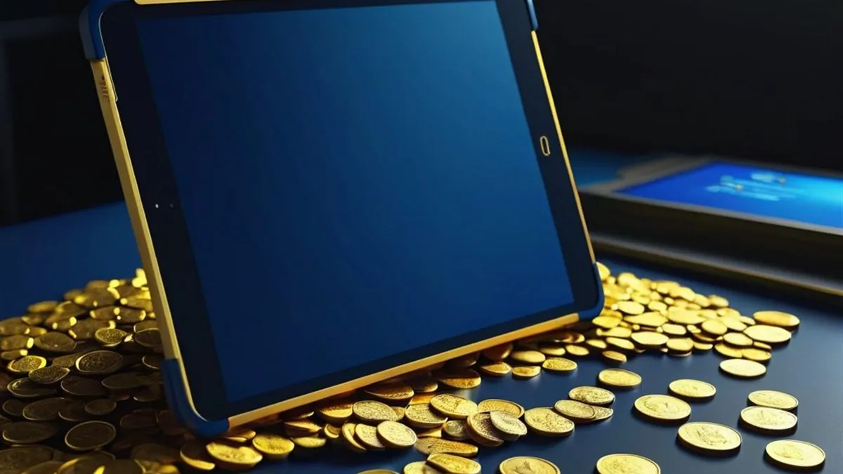 Tablet azul apoyada sobre un montón de monedas doradas en el escritorio