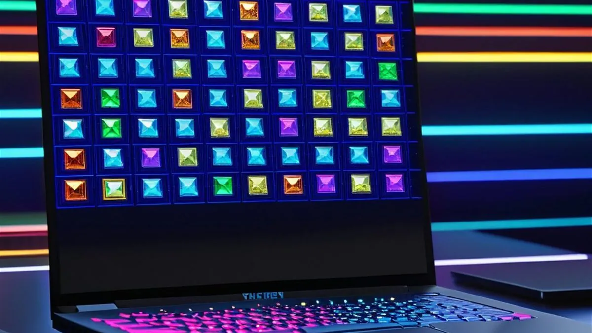 Laptop con una cuadrícula de miniaturas de juegos de colores y luces de neón
