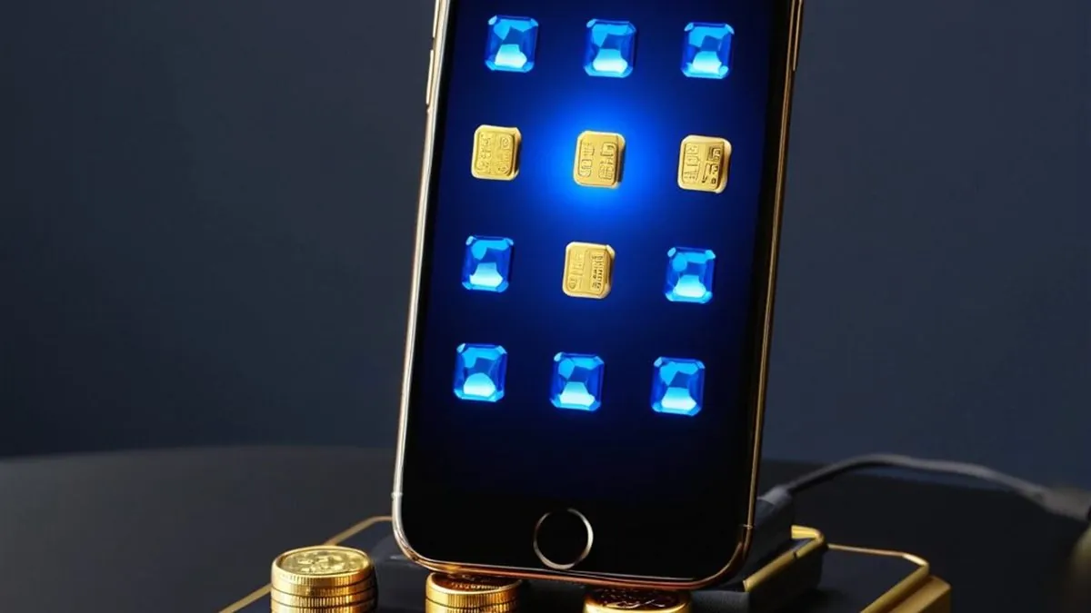 Celular en una base dorada con una cuadrícula de gemas azules y lingotes dorados
